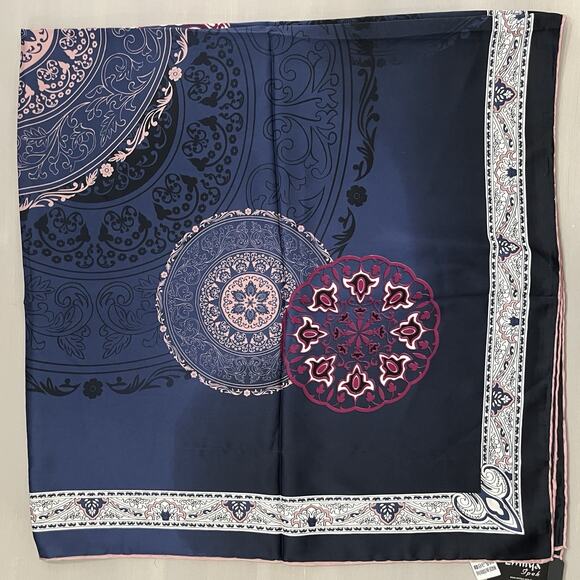 EMILYA Silk Scarf Geometric Floral Rolled Hem Navy Blue Purple NWT 40x41” - Picture 6 of 13